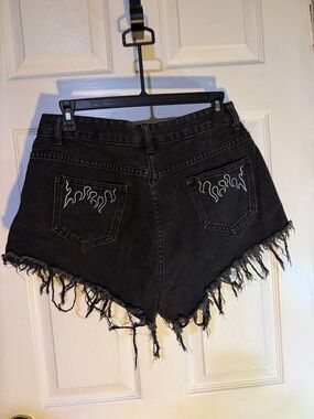 SHEIN Black Distressed Denim Shorts with White Flame Pocket Detail
